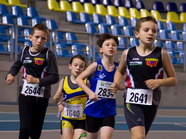 In this image I can see four people running. They are wearing different color dress and sticker is...