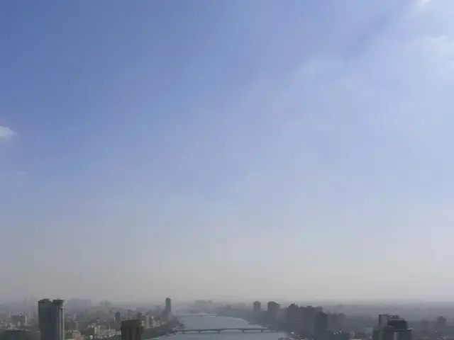 In this image we can see buildings, road, vehicles, poles, trees, water, bridge and sky.