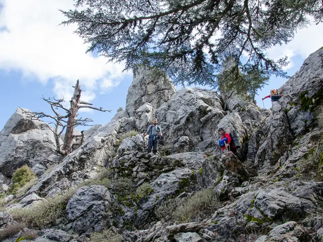 In this picture there are mountains in the image and there are people in the image, there is...