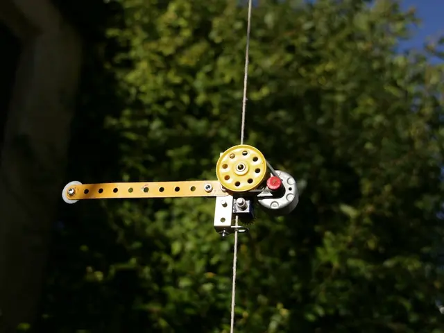 In this picture I can see there is a revo belay device and there is a building and trees.