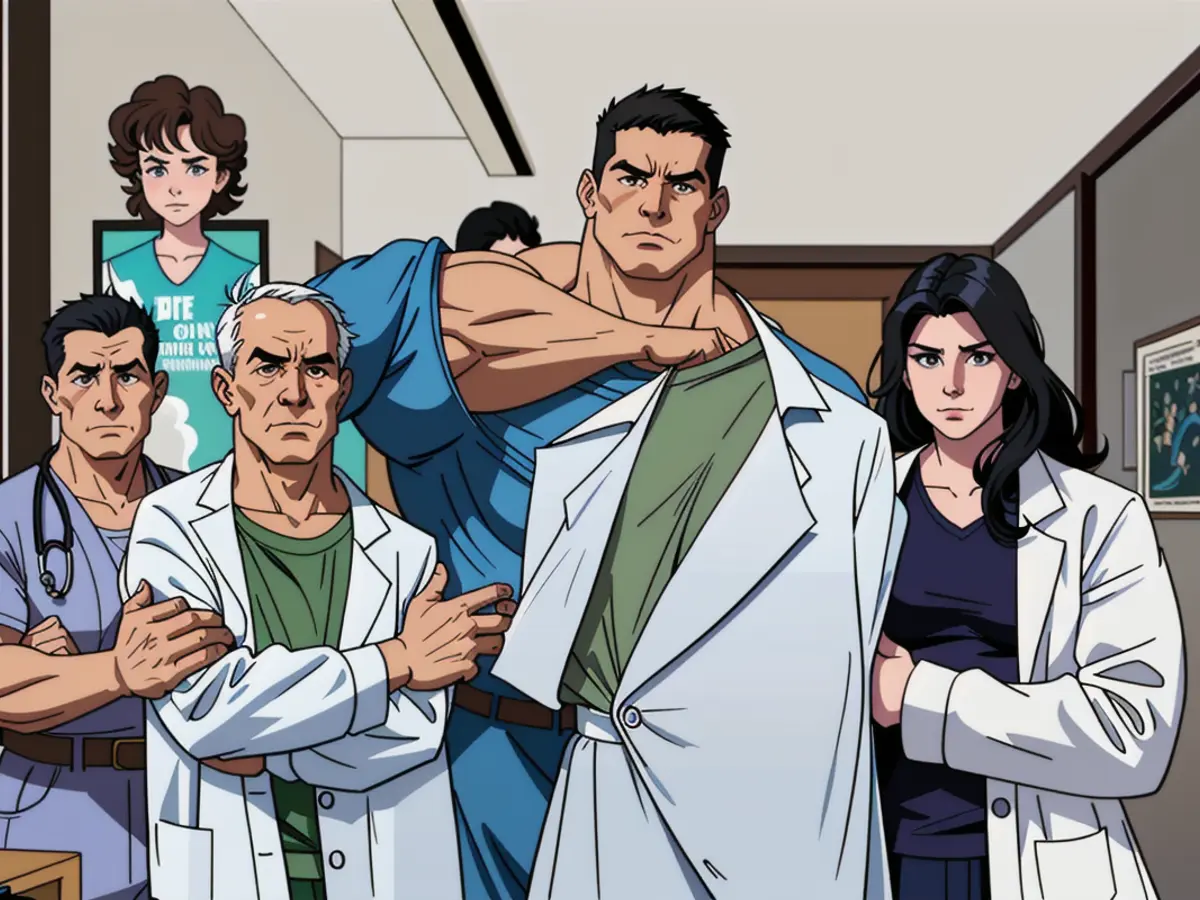 Image capturing senior physician and healthcare personnel scrutinizing camera in hospital corridor.