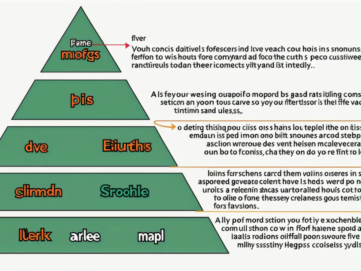 A visual representation of a commercial strategy framework depicted as a five-tiered green pyramid. The base tier deals with establishing sales objectives via market analysis, identifying target audiences, and establishing value proposals. The level above focuses on organizational structuring, encompassing resource allocation, channel management, and inter-departmental cooperation. The third level centers around implementing policies and guidelines, including setting objectives, employee training, pay structures, and pricing decisions. The fourth tier highlights execution, which includes overseeing sales tasks, coaching, and surveillance. The pinnacle of the pyramid, results, involves evaluating sales performance via Key Performance Indicators (KPIs) to analyze and enhance the strategy's efficiency. A visual representation in the form of a verdant pyramid illustrates a business strategy structure comprising five tiers. The foundation encompasses establishing sales targets based on market research, identifying target audiences, and defining value proposals. Above this level, there's organizational setup, considering resource allocation, communication channels, and interdepartmental cooperation. Level three revolves around setting guidelines and procedures, such as setting objectives, providing training, determining compensation, and establishing pricing strategies. The fourth level emphasizes execution, dealing with sales tasks, coaching, and monitoring progress. The pinnacle of the pyramid centers around evaluating sales performance using key performance indicators, aiming to improve and refine the strategy's success.