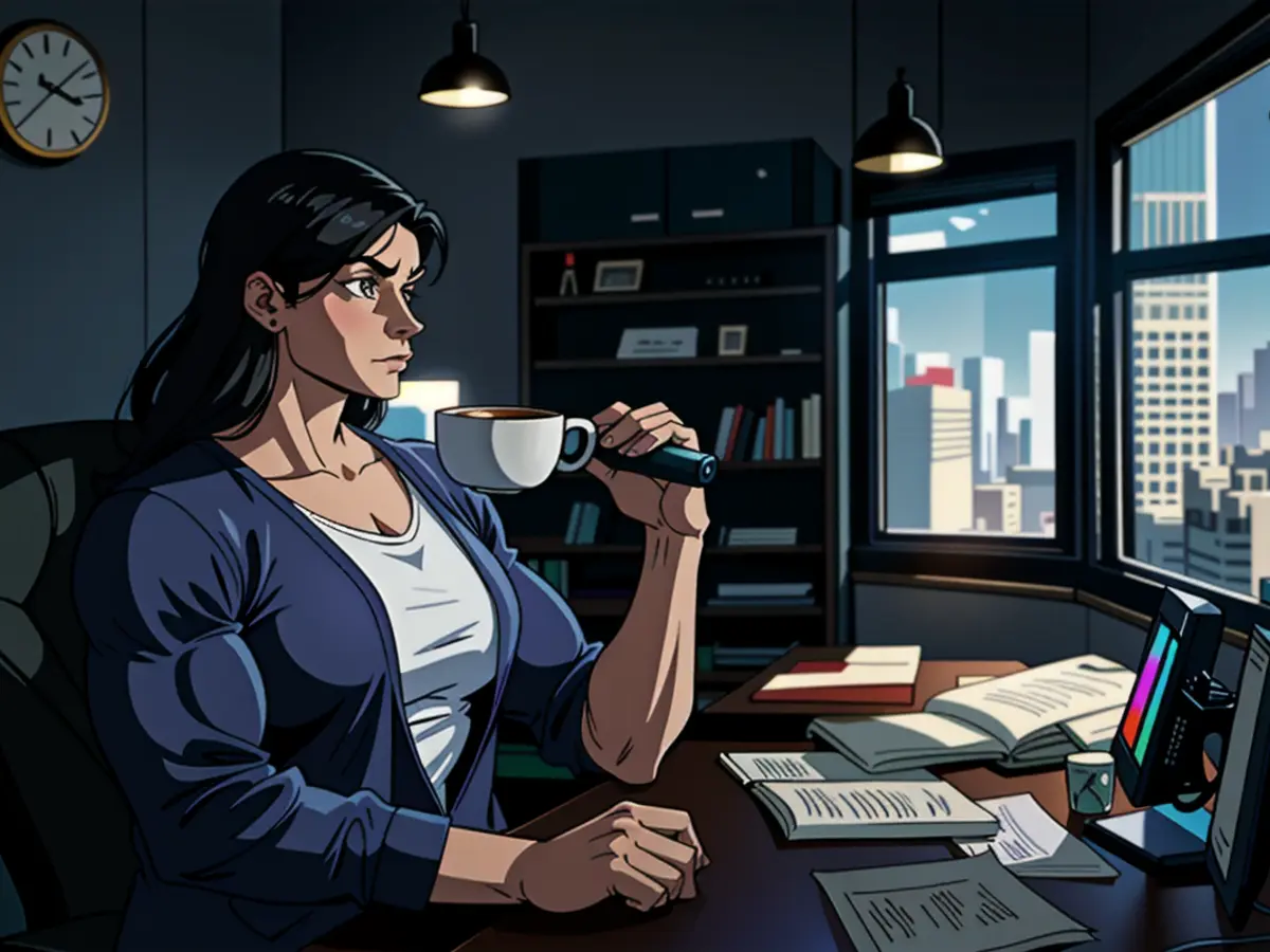 Office worker enjoying a coffee break at her desk. After-hours programmer engrossed in work while...