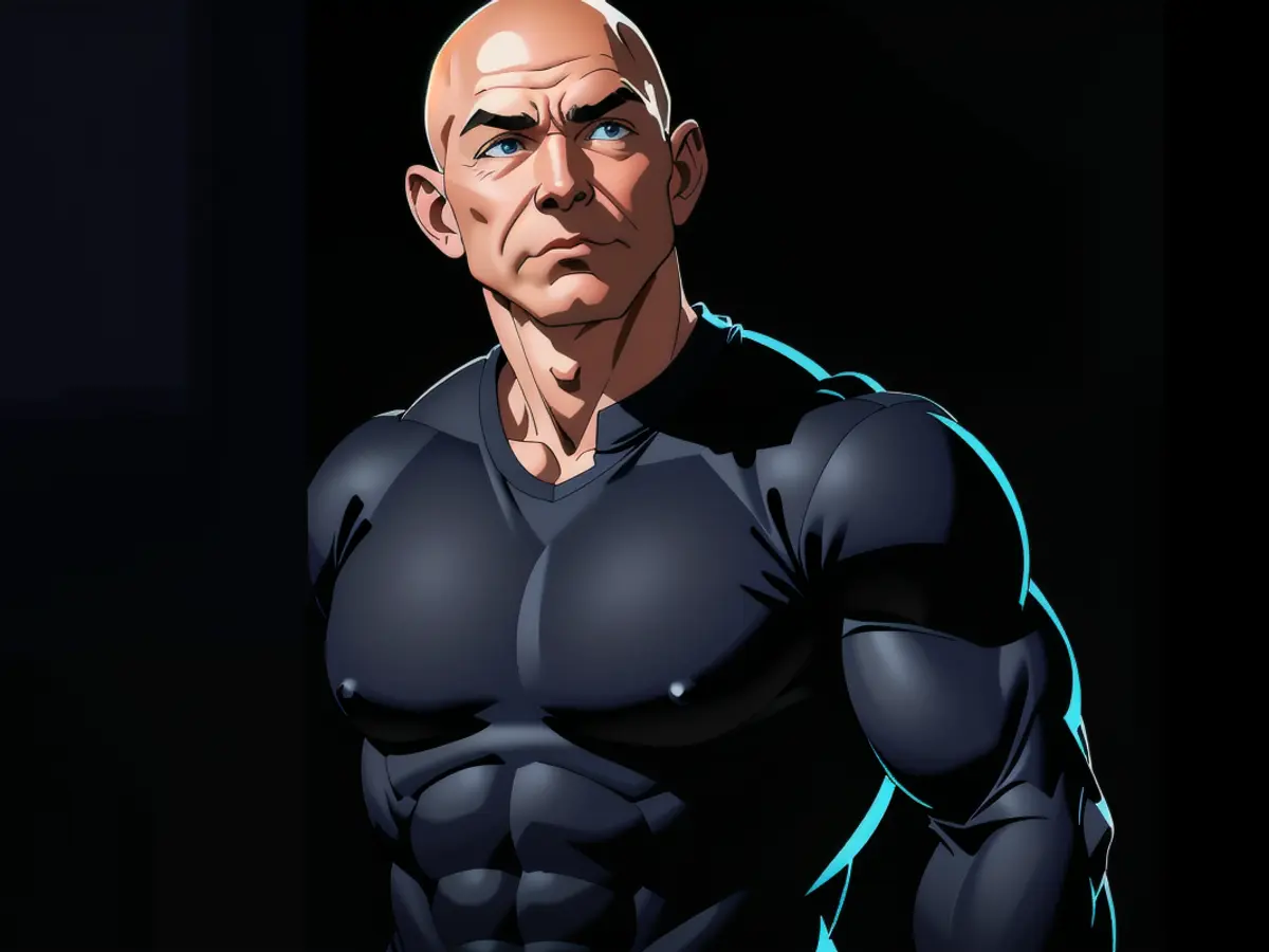 Jeff Bezos, billionaire founder of Amazon, is depicted in a photo with a black shirt, set against a backdrop of likewise hue.