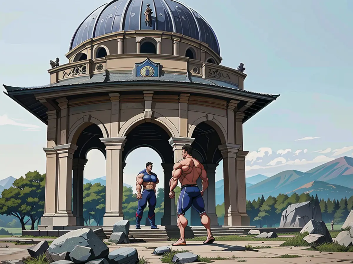 An individual situated beneath a stone archway pavilion.