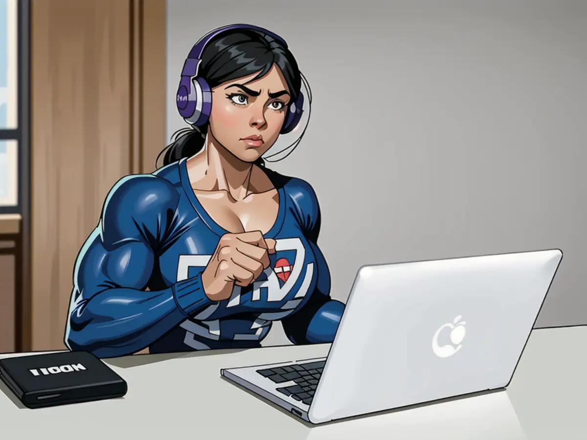 A female resident of Africa engaged in computer work at her workplace, utilizing headphones during a virtual meeting.